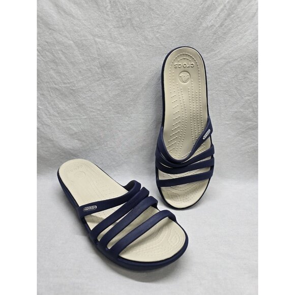 Crocs Rhonda Wedge Sandals Slip-On Strappy Slides Open Toe Blue Women's Size 9 - Picture 1 of 11